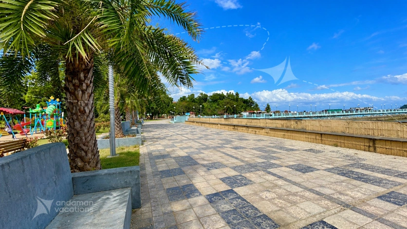 Ferry jetty at Rajiv Gandhi Water Sports Complex with view of Ross Island, Port Blair